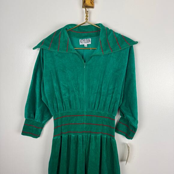 Vintage 80s Keyloun Green Velour Jumpsuit Zip-Up Collar Striped Holiday NWT P - Picture 9 of 9